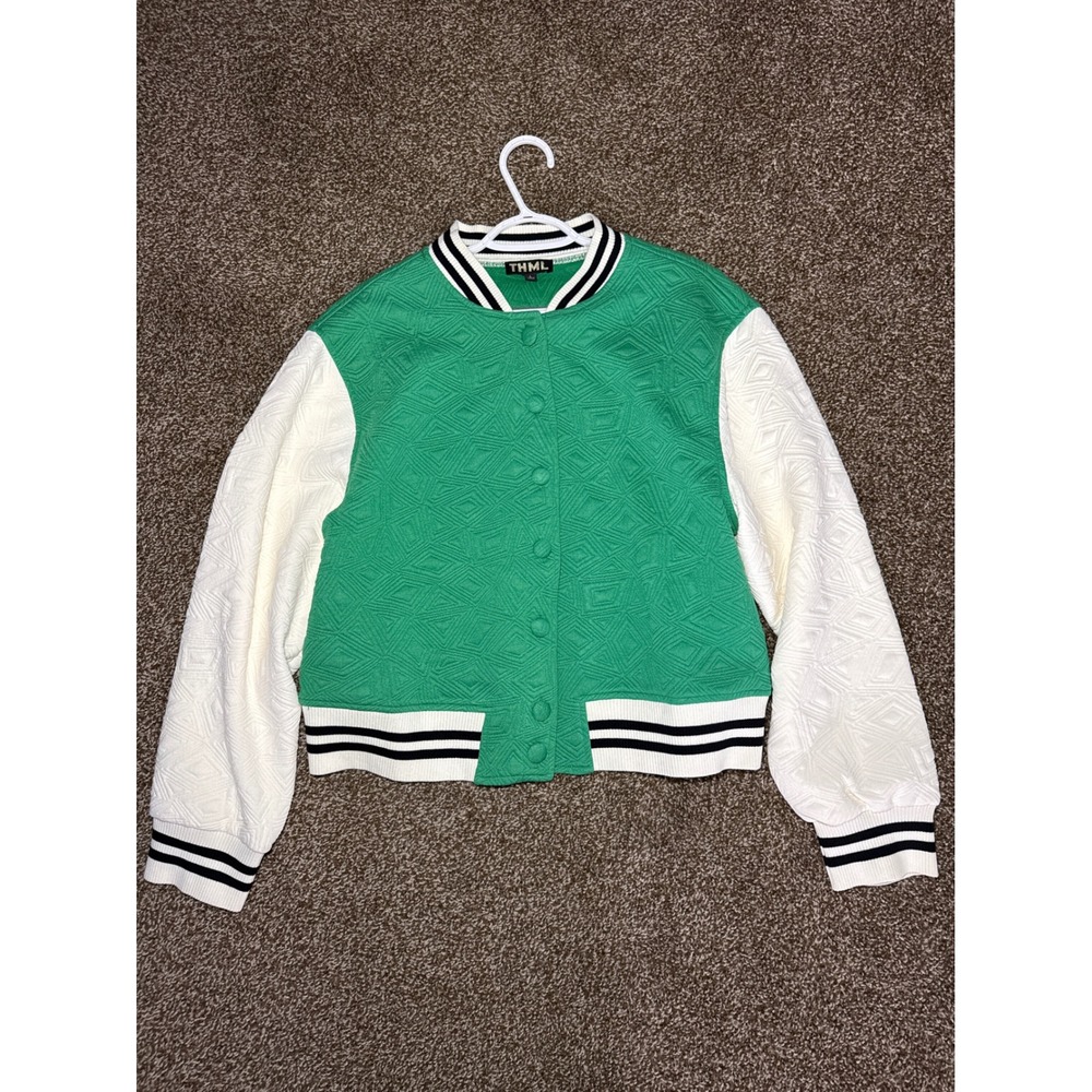 THML Lainey Textured Geometric Varsity Bomber Jacket Womens Large‎ Streetwear